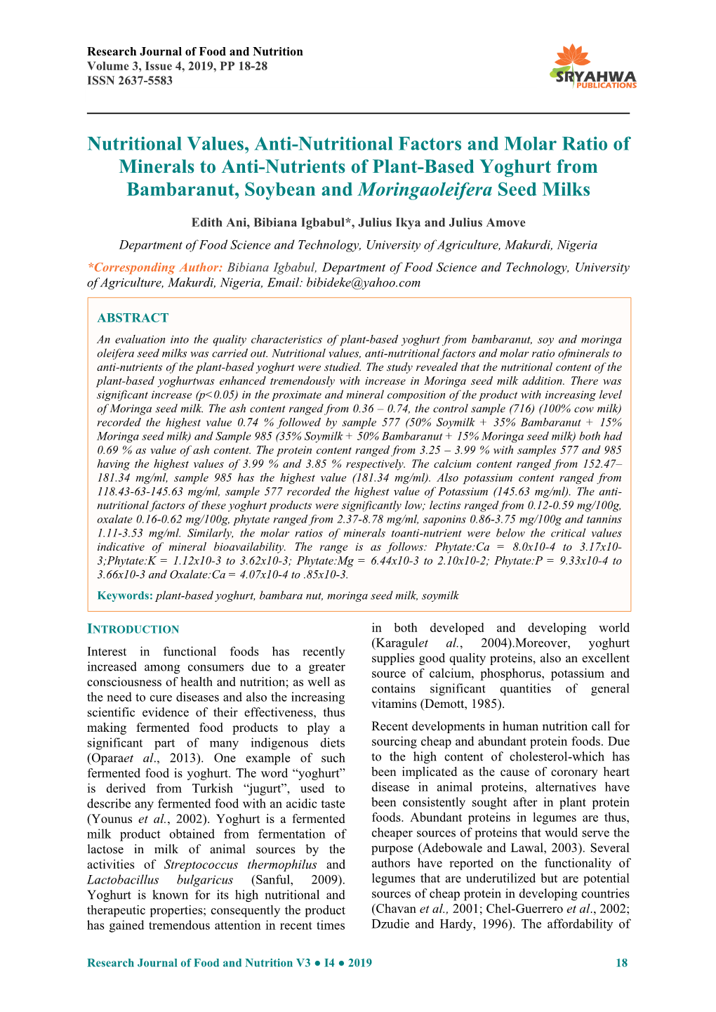 Nutritional Values, Anti-Nutritional Factors and Molar Ratio of Minerals