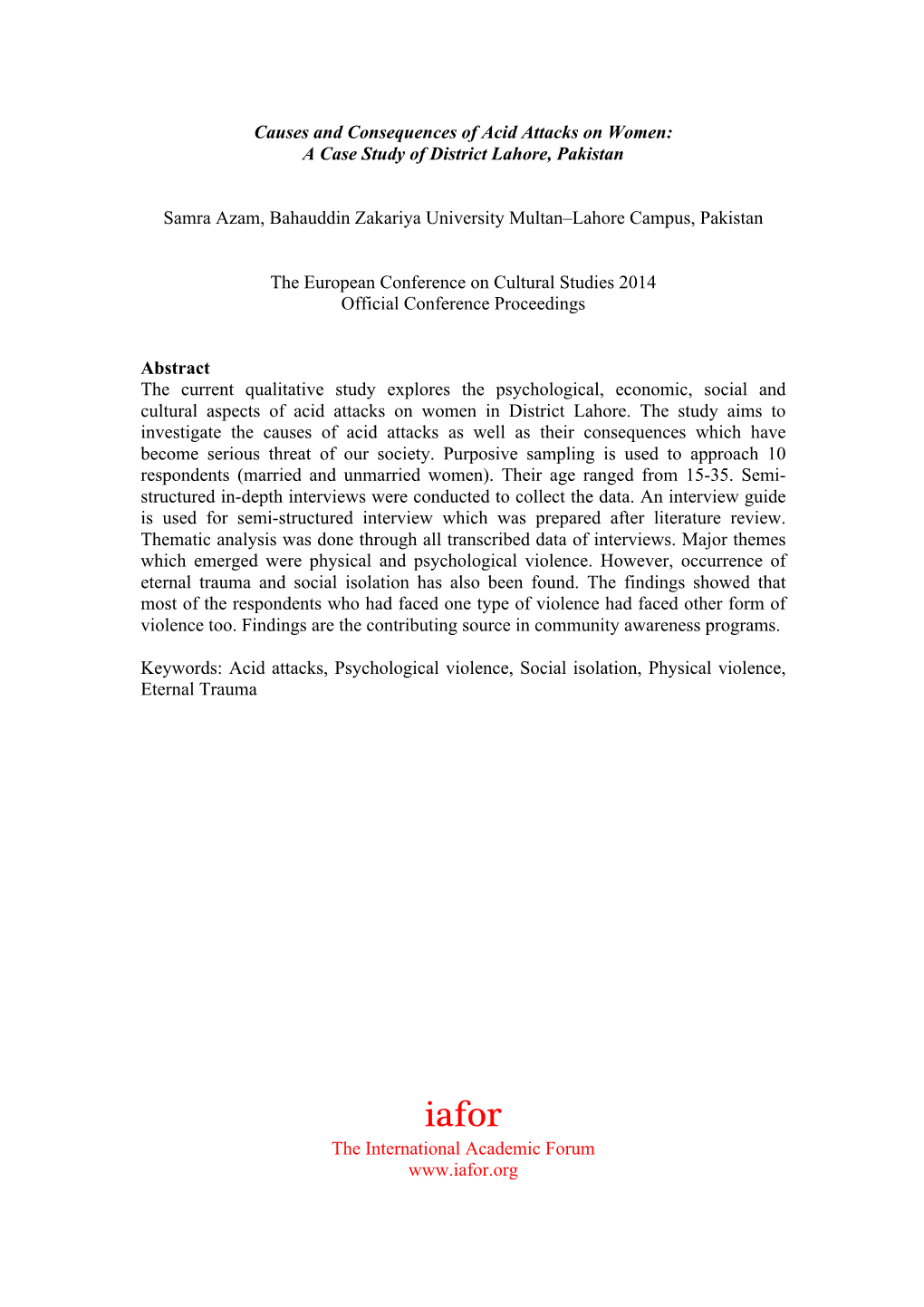 Causes and Consequences of Acid Attacks on Women: a Case Study of District Lahore, Pakistan