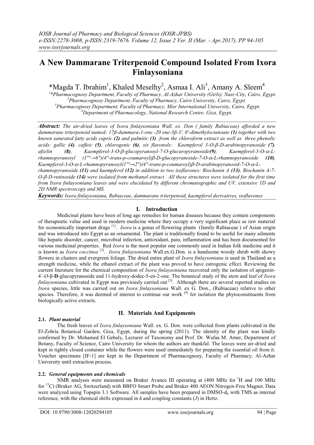 A New Dammarane Triterpenoid Compound Isolated from Ixora Finlaysoniana