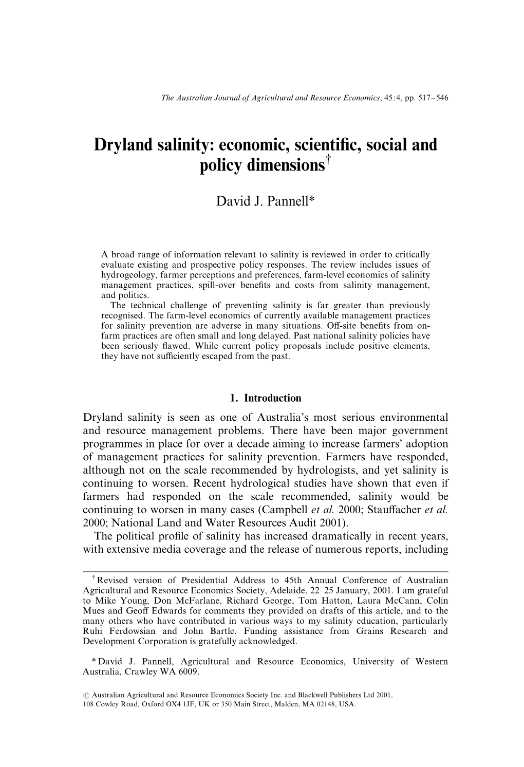 Dryland Salinity: Economic, Scienti¢C, Social and Policy Dimensions{