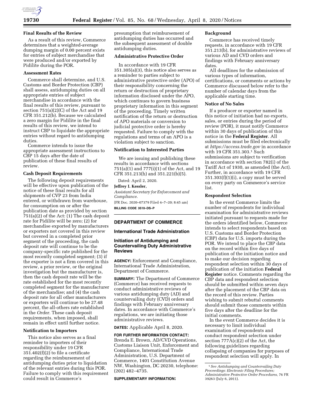 Federal Register/Vol. 85, No. 68/Wednesday, April 8, 2020/Notices