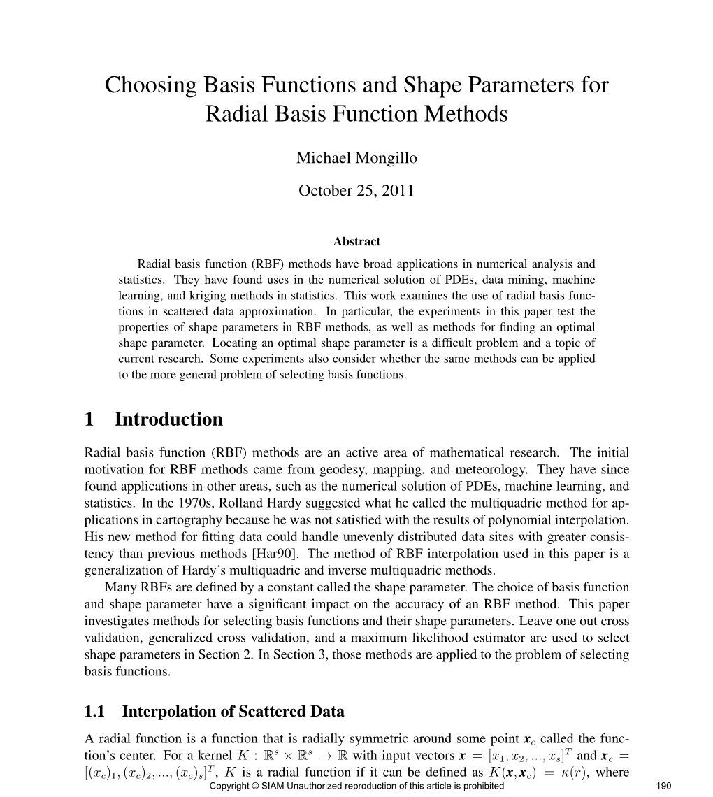 Choosing Basis Functions and Shape Parameters for Radial Basis Function Methods