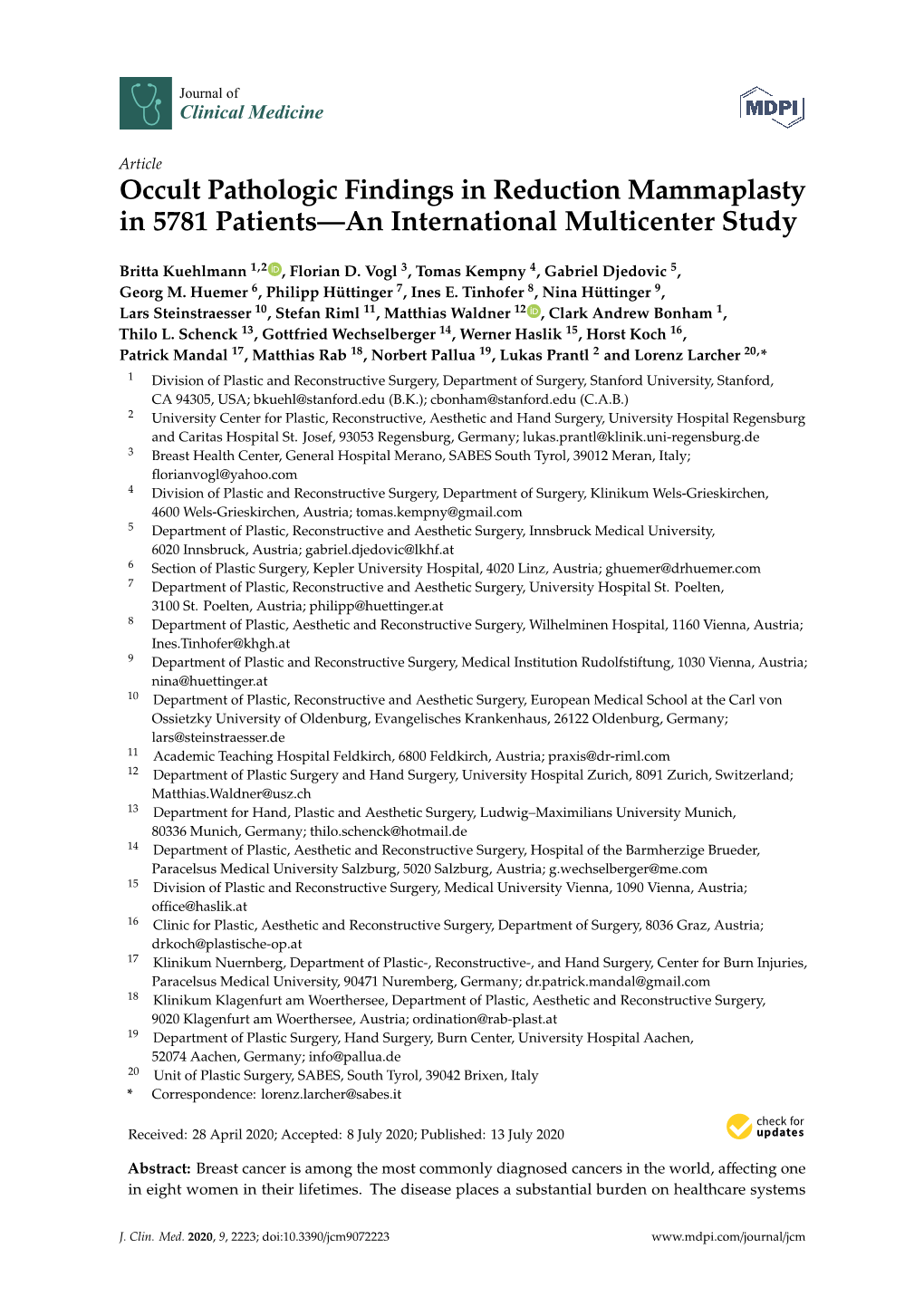 Occult Pathologic Findings in Reduction Mammaplasty in 5781 Patients—An International Multicenter Study