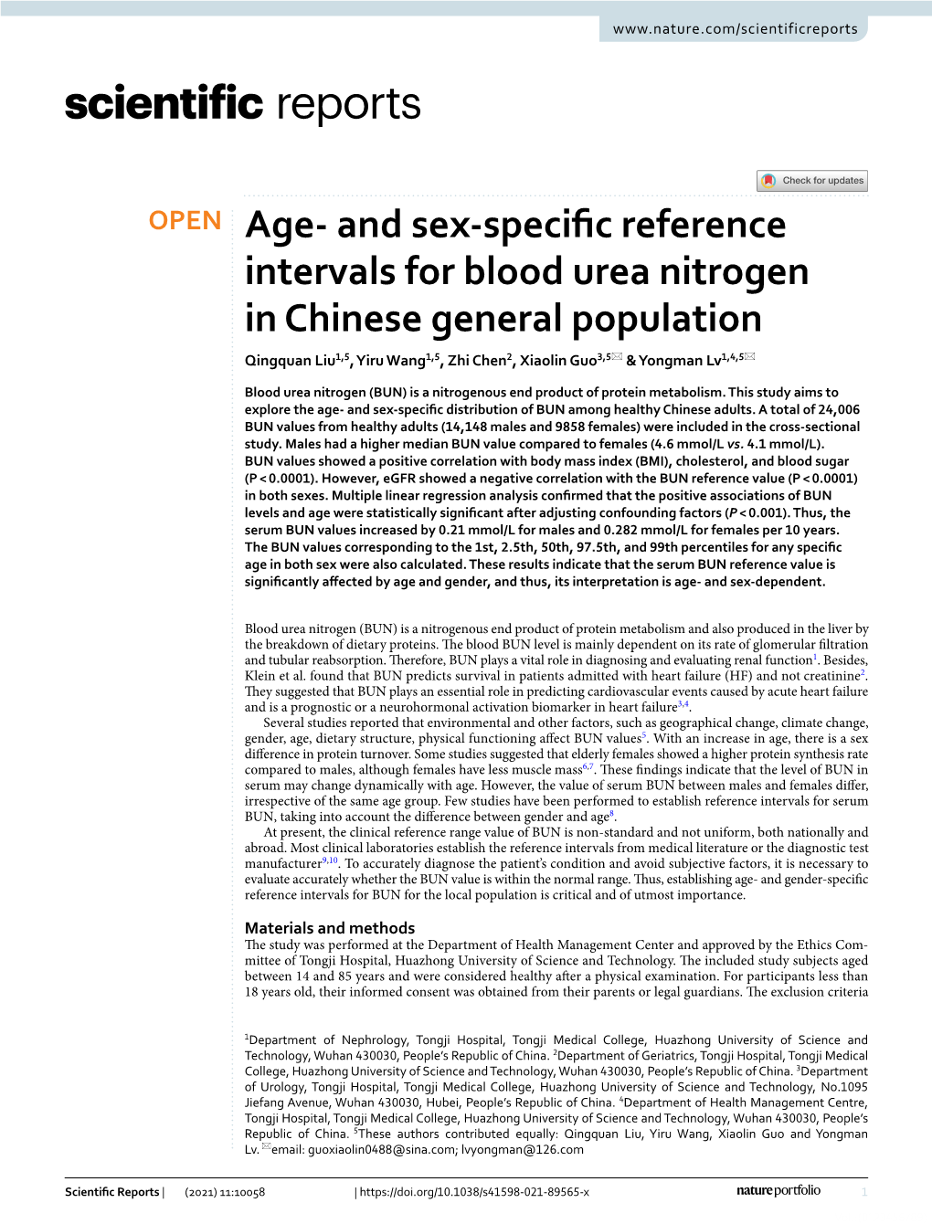 And Sex-Specific Reference Intervals for Blood Urea Nitrogen In