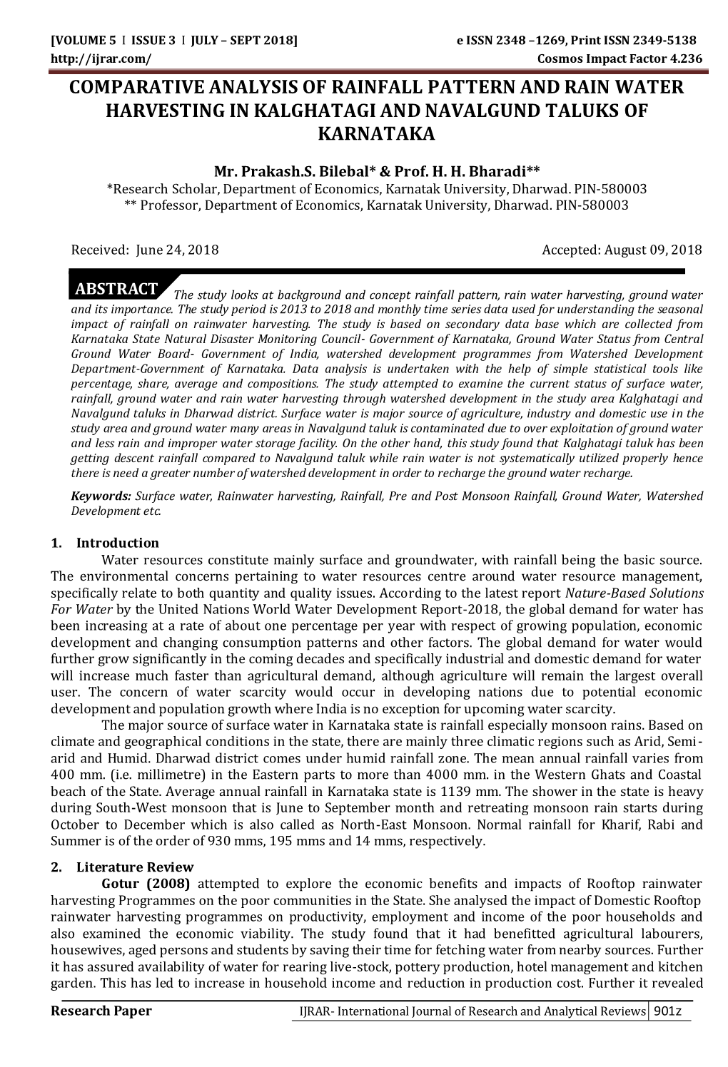 Comparative Analysis of Rainfall Pattern and Rain Water Harvesting in Kalghatagi and Navalgund Taluks of Karnataka