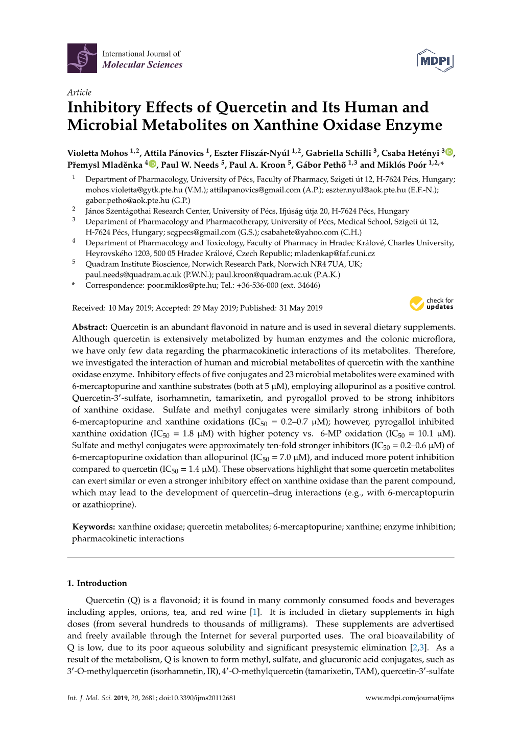 Inhibitory Effects of Quercetin and Its Human and Microbial Metabolites on Xanthine Oxidase Enzyme