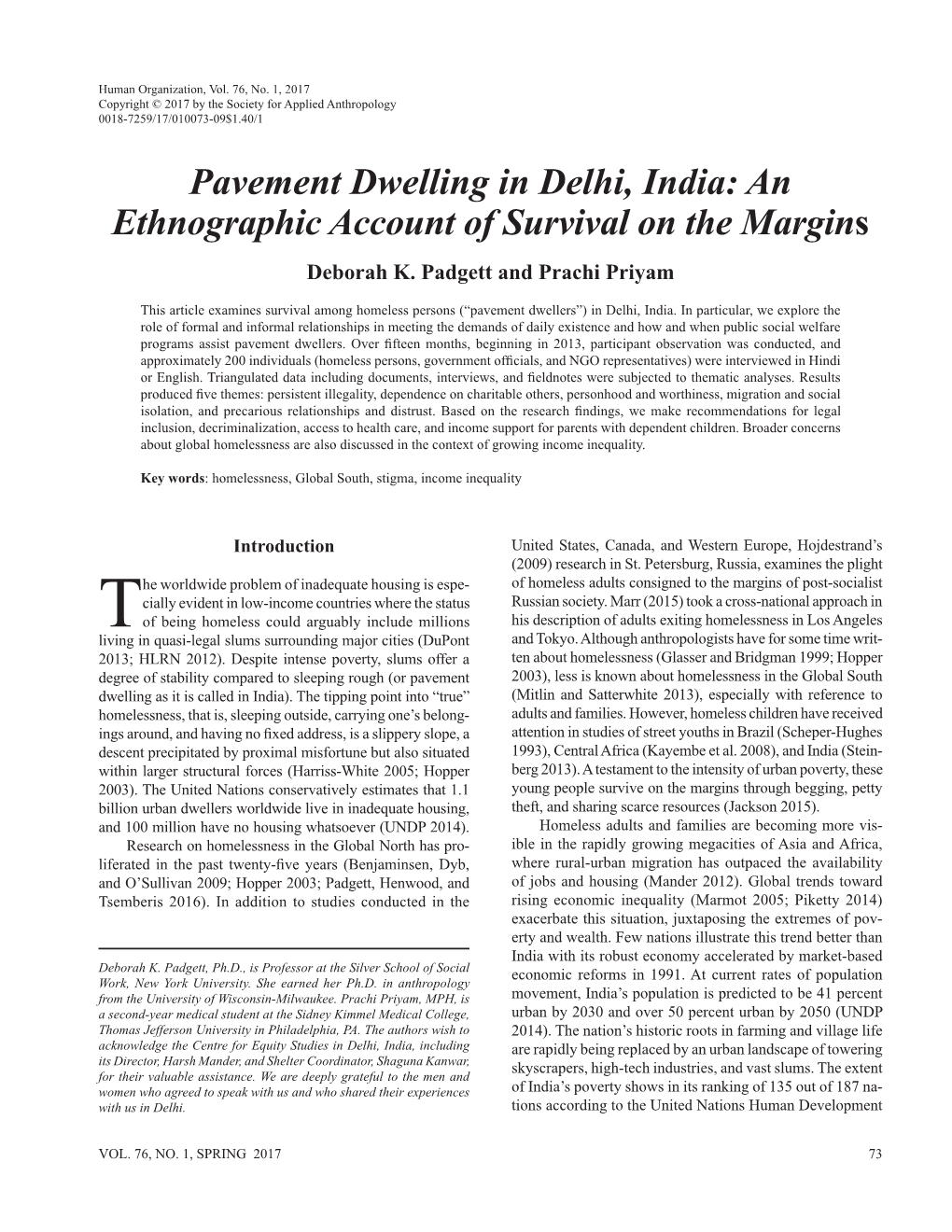 Pavement Dwelling in Delhi, India: an Ethnographic Account of Survival on the Margins Deborah K