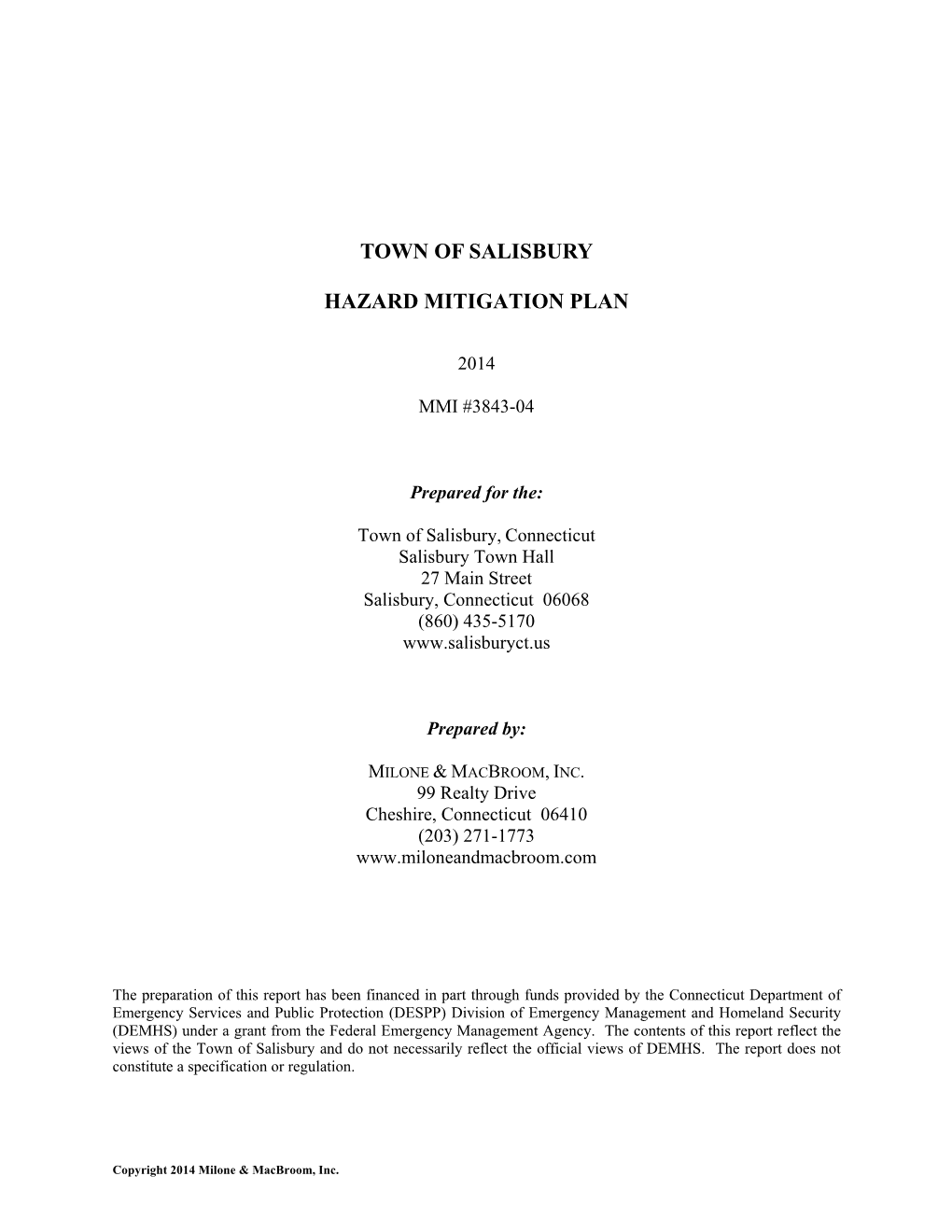 Town of Salisbury Hazard Mitigation Plan Salisbury, Connecticut December 2014 Table of Contents