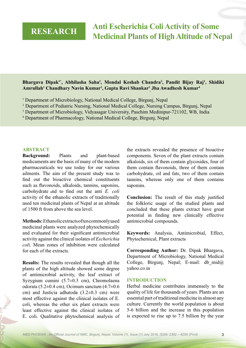 Anti Escherichia Coli Activity of Some Medicinal Plants of High Altitude of Nepal