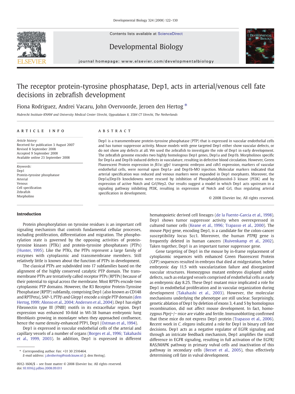 The Receptor Protein-Tyrosine Phosphatase, Dep1, Acts in Arterial/Venous Cell Fate Decisions in Zebraﬁsh Development