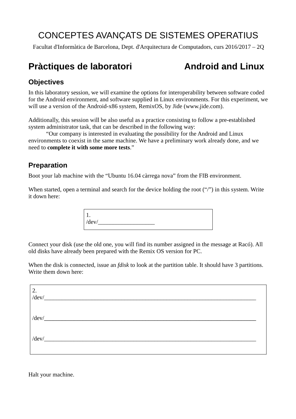 CONCEPTES AVANÇATS DE SISTEMES OPERATIUS Pràctiques De Laboratori Android and Linux