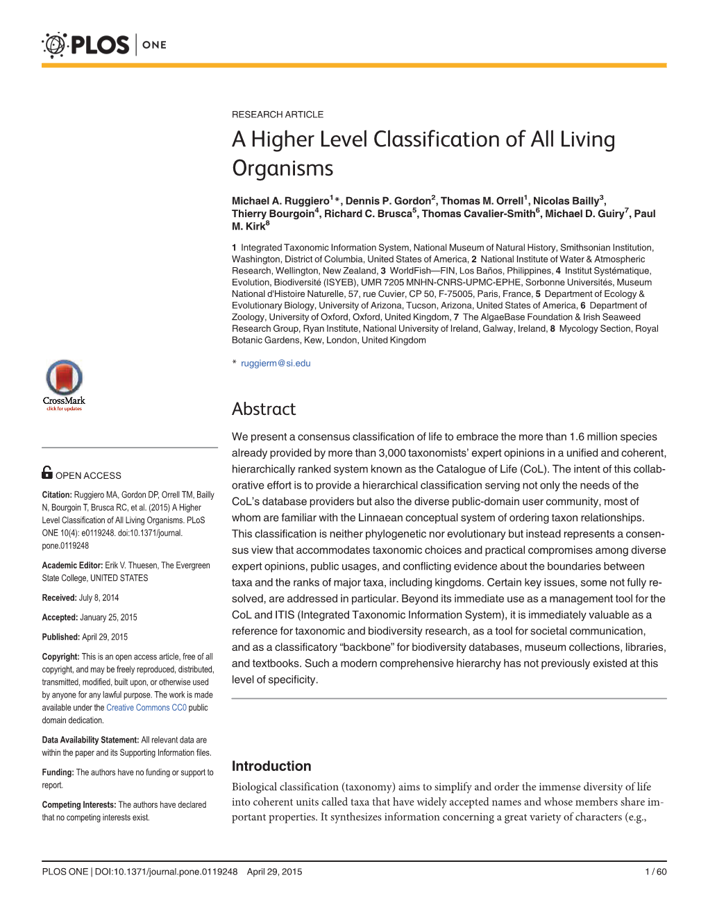 A Higher Level Classification of All Living Organisms