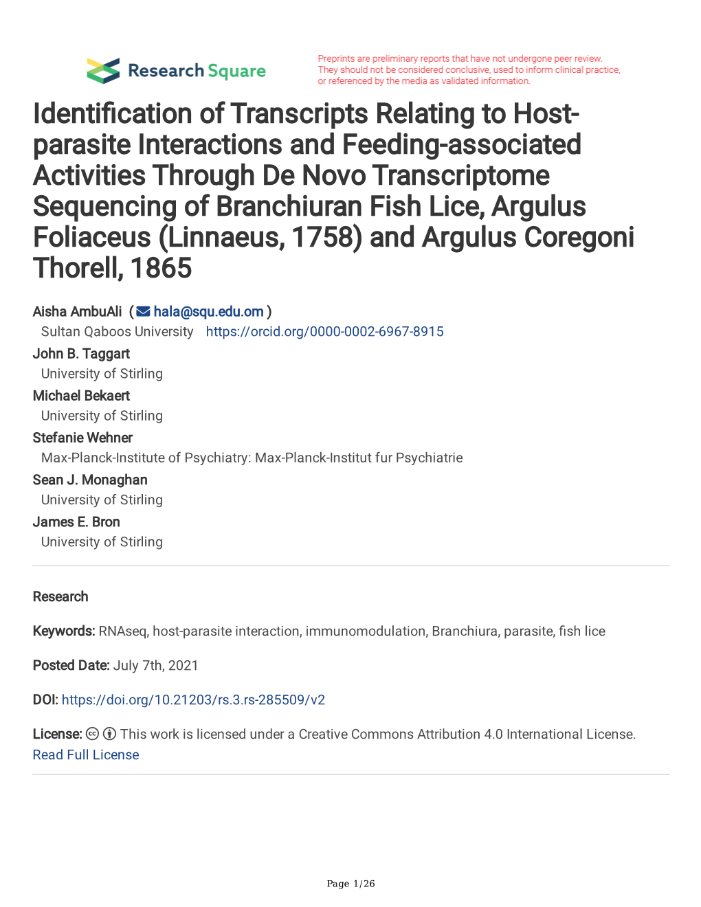 Identi Cation of Transcripts Relating to Host- Parasite Interactions And