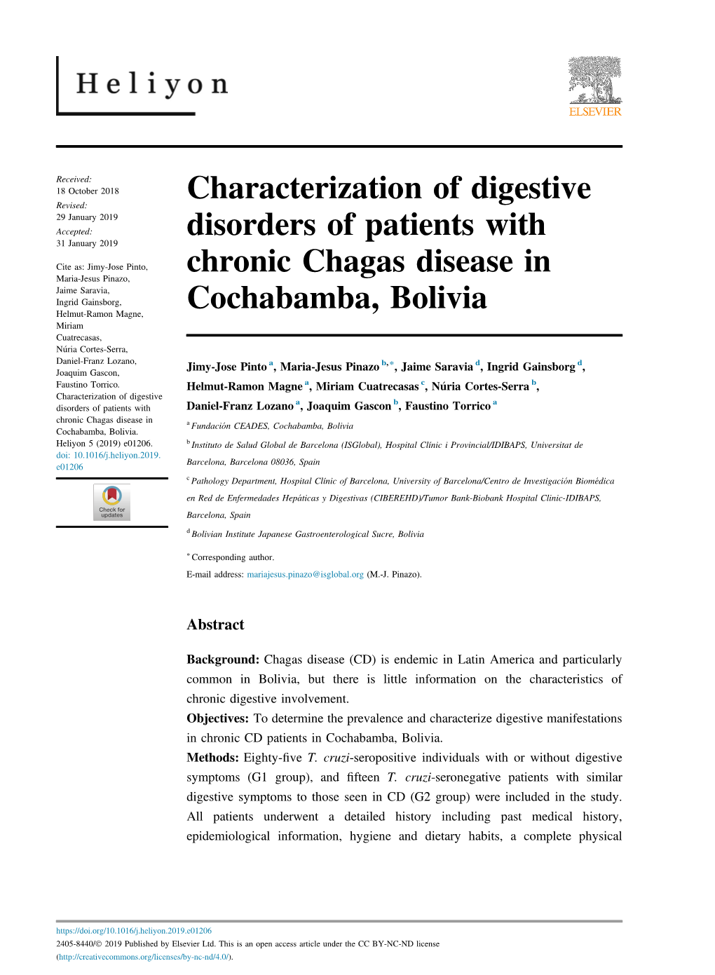 Characterization of Digestive Disorders of Patients with Chronic Chagas Disease in Cochabamba, Bolivia