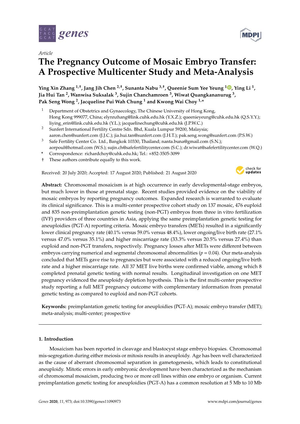 The Pregnancy Outcome of Mosaic Embryo Transfer: a Prospective Multicenter Study and Meta-Analysis
