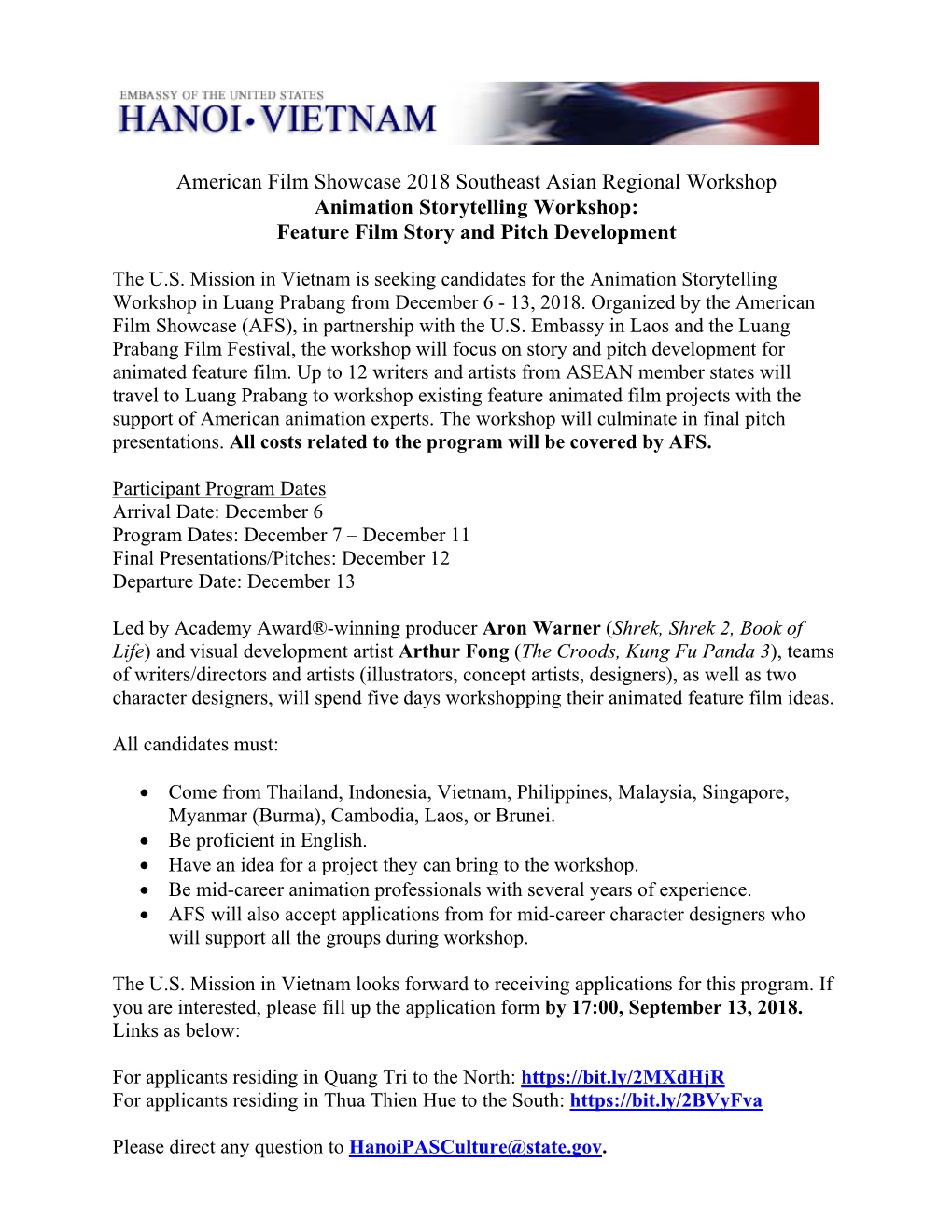 American Film Showcase 2018 Southeast Asian Regional Workshop Animation Storytelling Workshop: Feature Film Story and Pitch Development