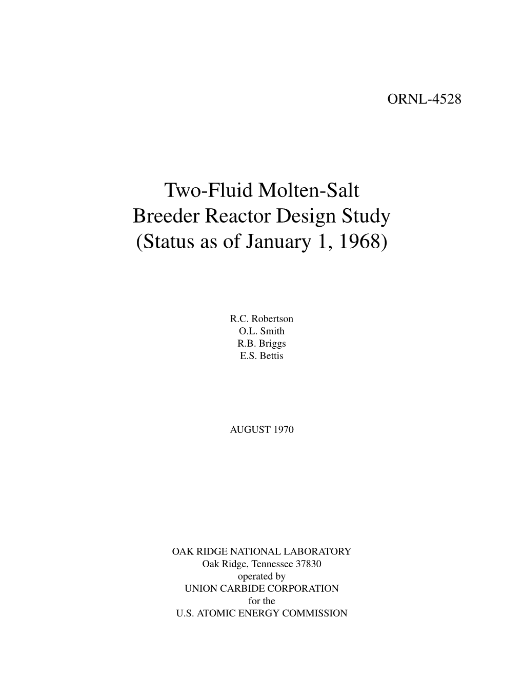 Two-Fluid Molten-Salt Breeder Reactor Design Study (Status As of January 1, 1968)