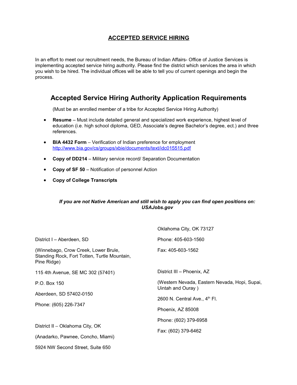 Accepted Service Hiring Authority Application Requirements