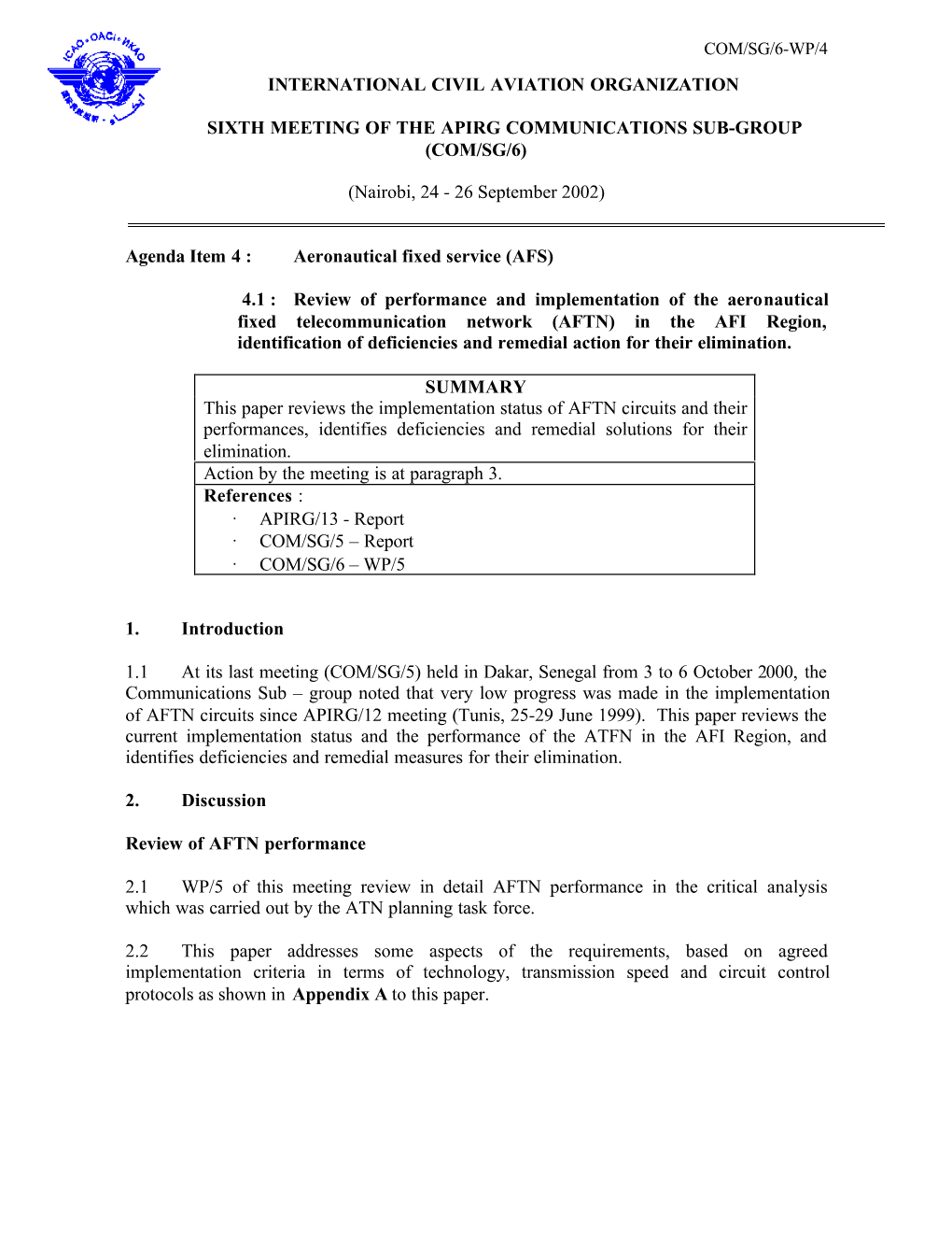 International Civil Aviation Organization Sixth Meeting