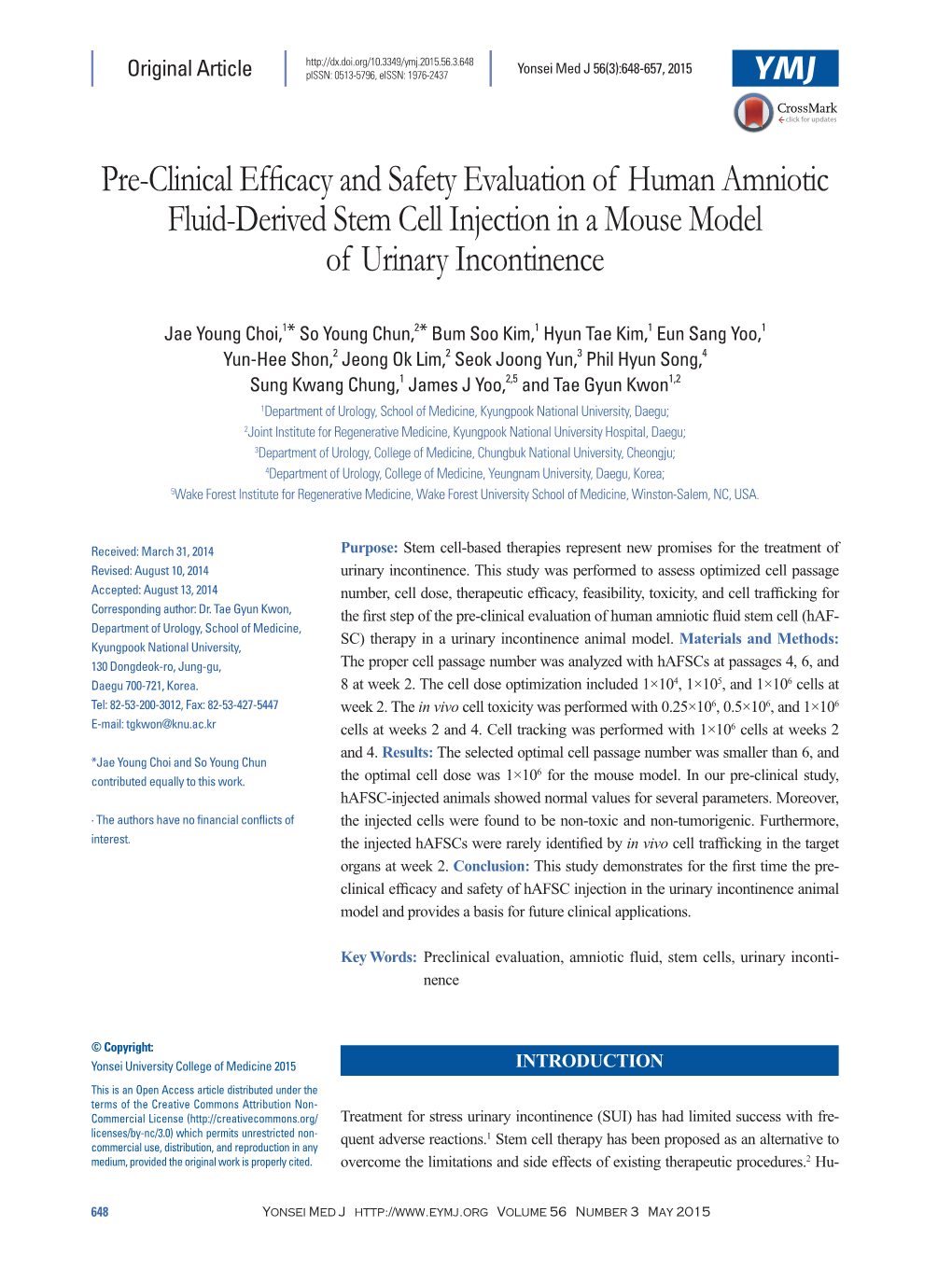 Pre-Clinical Efficacy and Safety Evaluation of Human Amniotic Fluid-Derived Stem Cell Injection in a Mouse Model of Urinary Incontinence