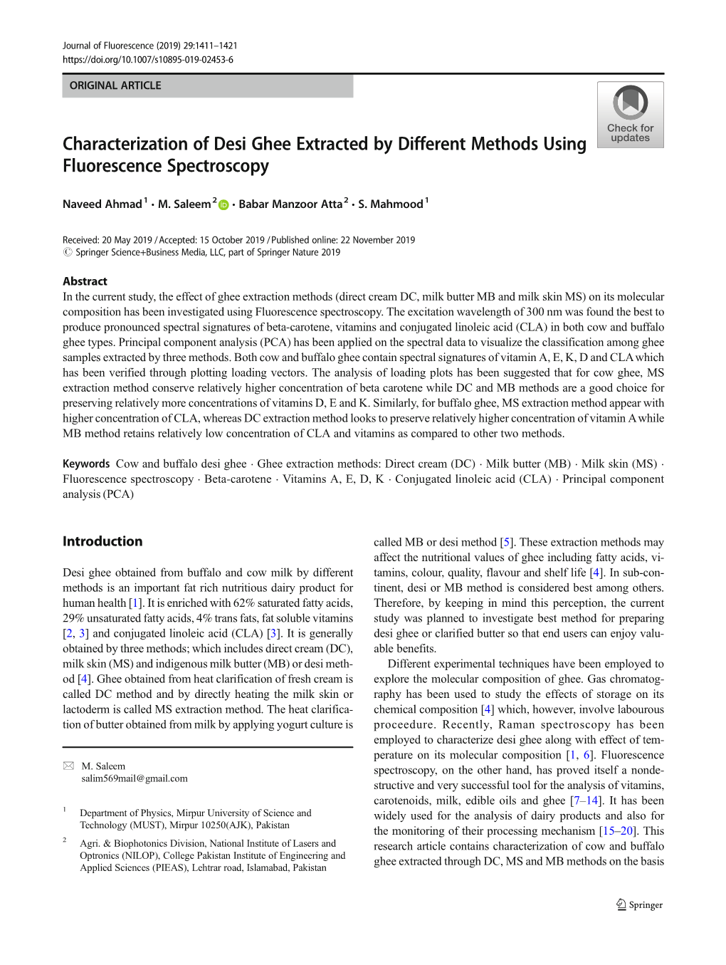 Characterization of Desi Ghee Extracted by Different Methods Using Fluorescence Spectroscopy