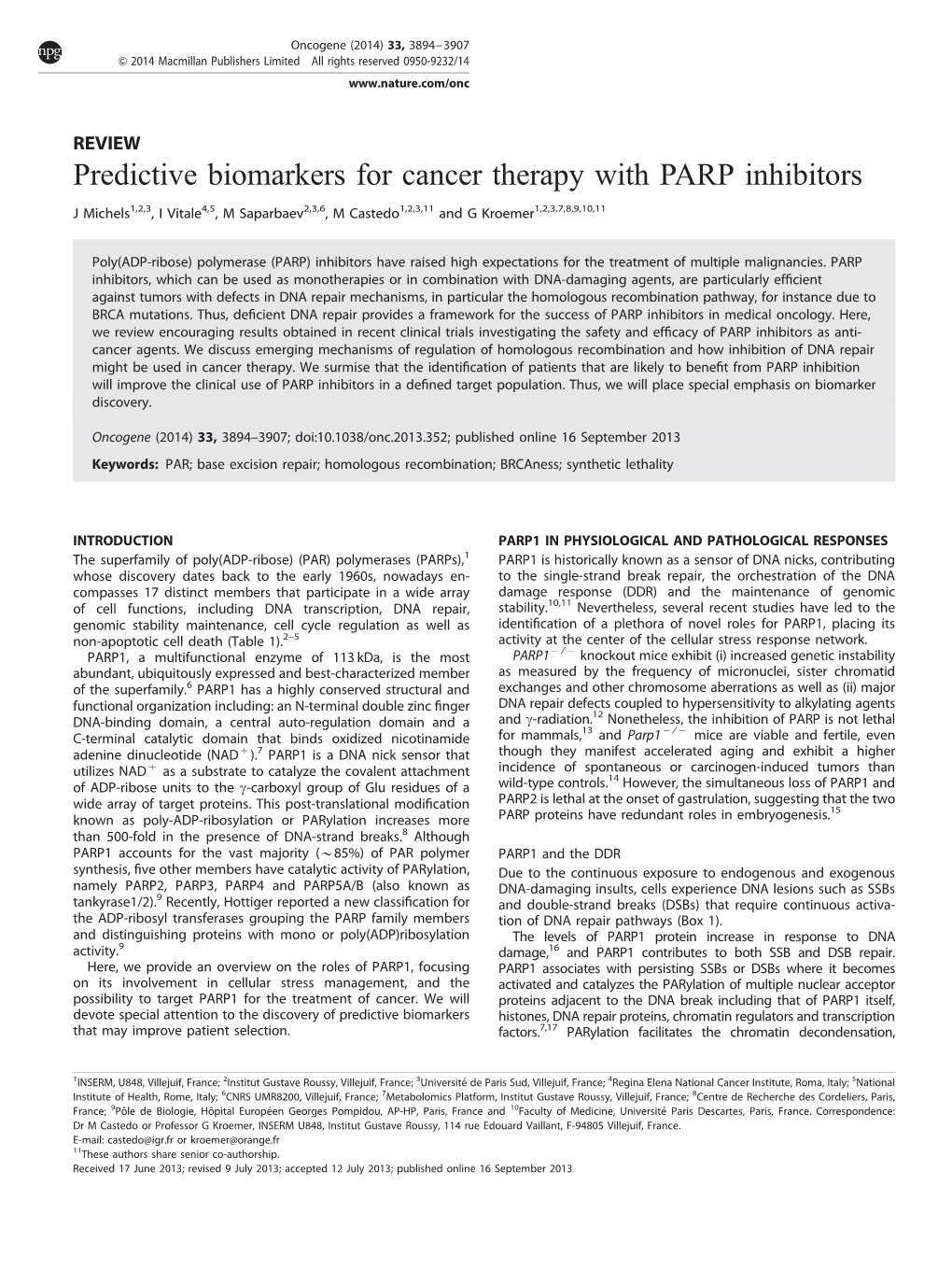 Predictive Biomarkers for Cancer Therapy with PARP Inhibitors