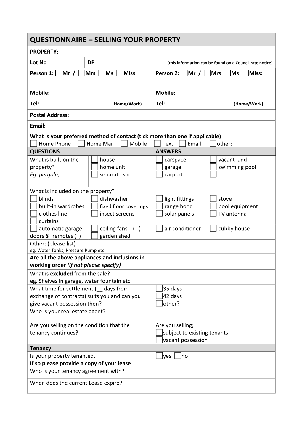 Questionnaire – Selling Your Property Property