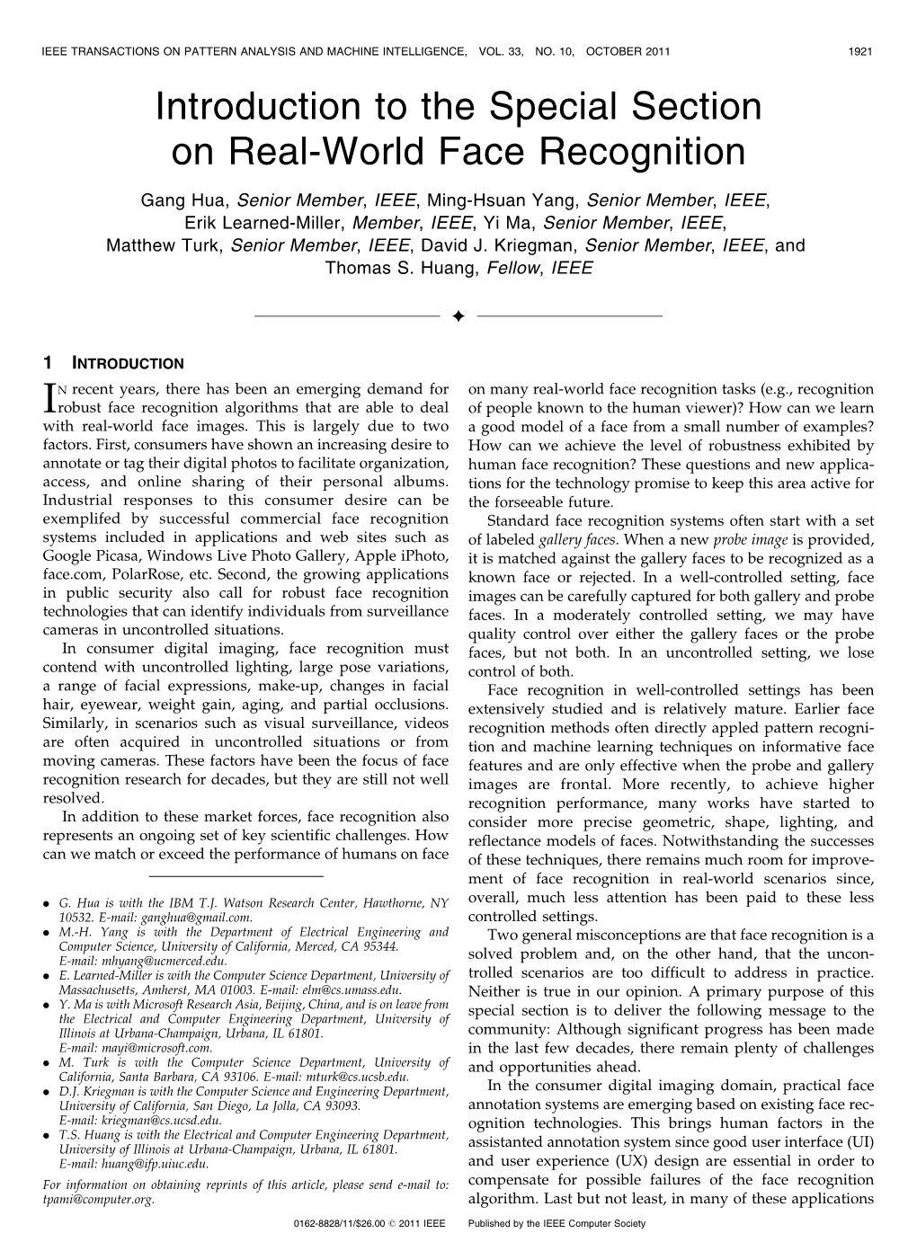 Introduction to the Special Section on Real-World Face Recognition