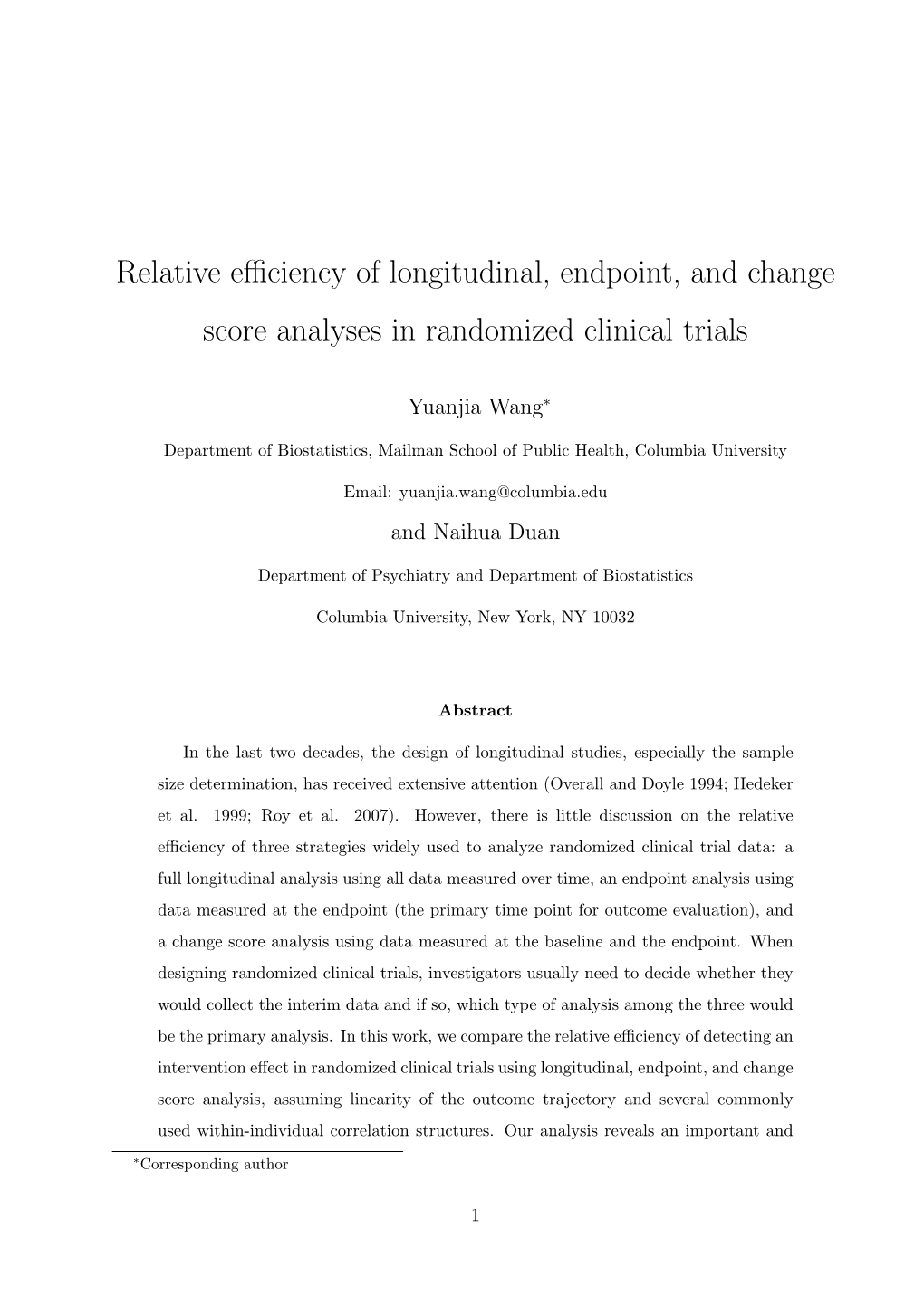 Relative Efficiency of Longitudinal, Endpoint, and Change Score