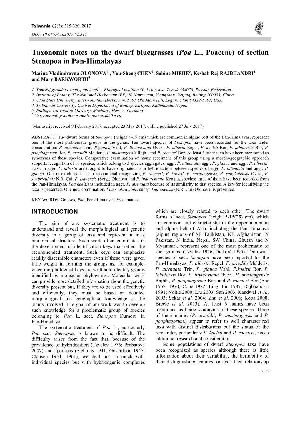 Taxonomic Notes on the Dwarf Bluegrasses (Poa L., Poaceae) of Section Stenopoa in Pan-Himalayas