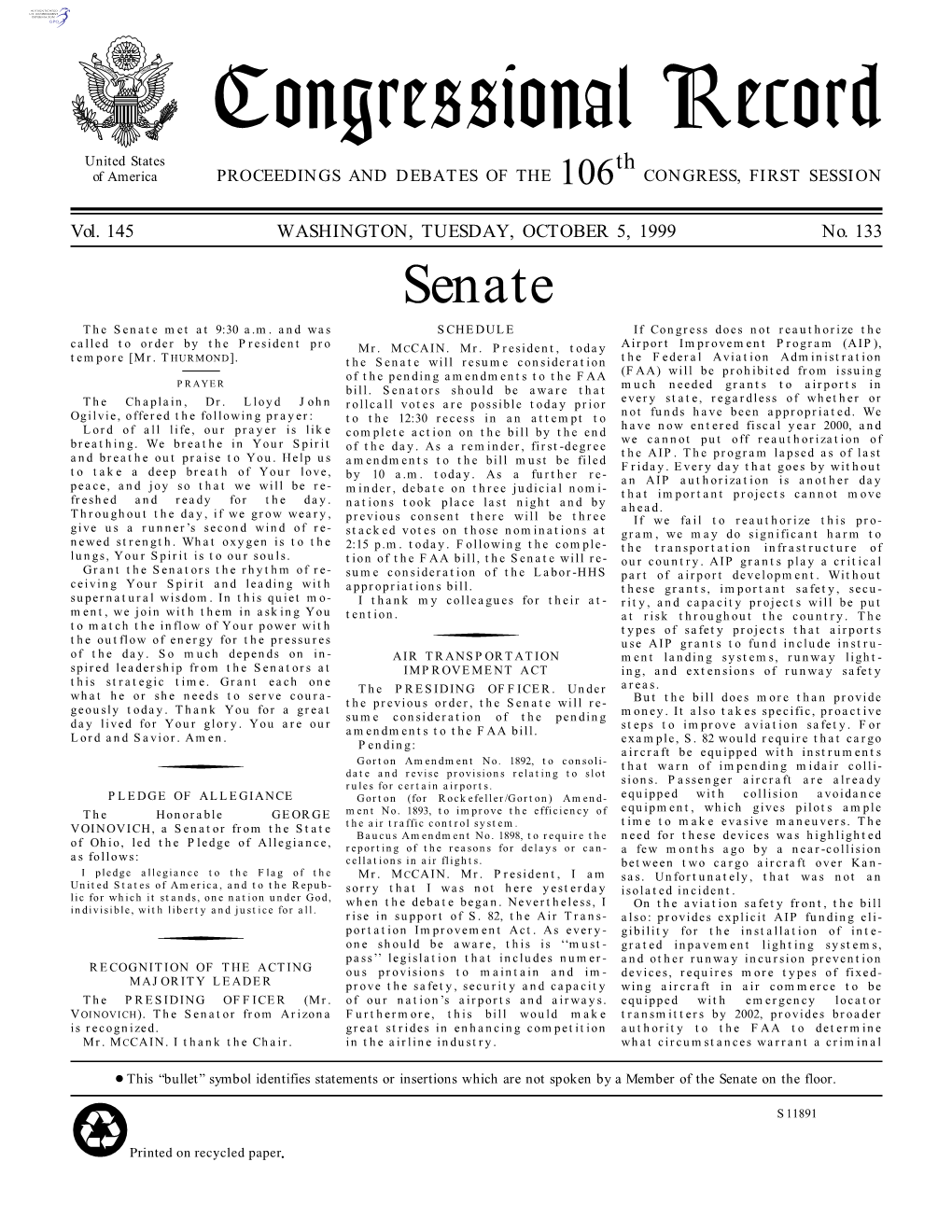 Congressional Record United States Th of America PROCEEDINGS and DEBATES of the 106 CONGRESS, FIRST SESSION