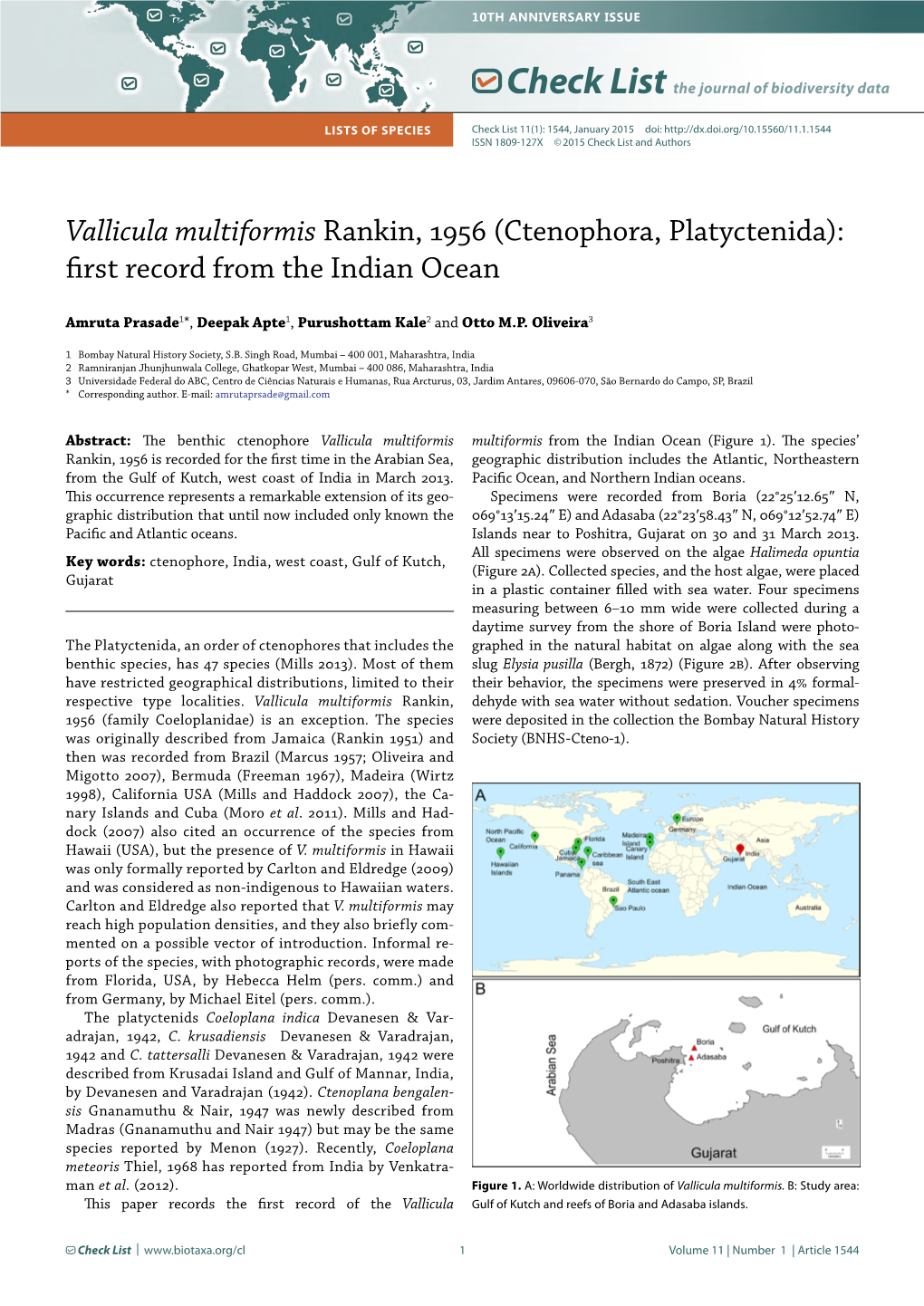 Vallicula Multiformis Rankin, 1956 (Ctenophora, Platyctenida): First Record from the Indian Ocean