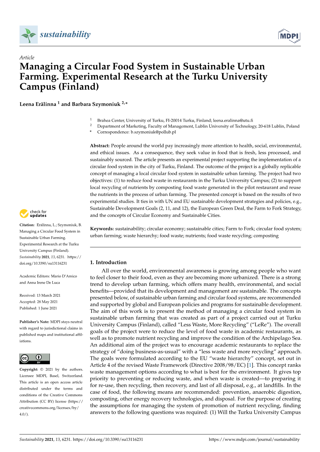 Managing a Circular Food System in Sustainable Urban Farming