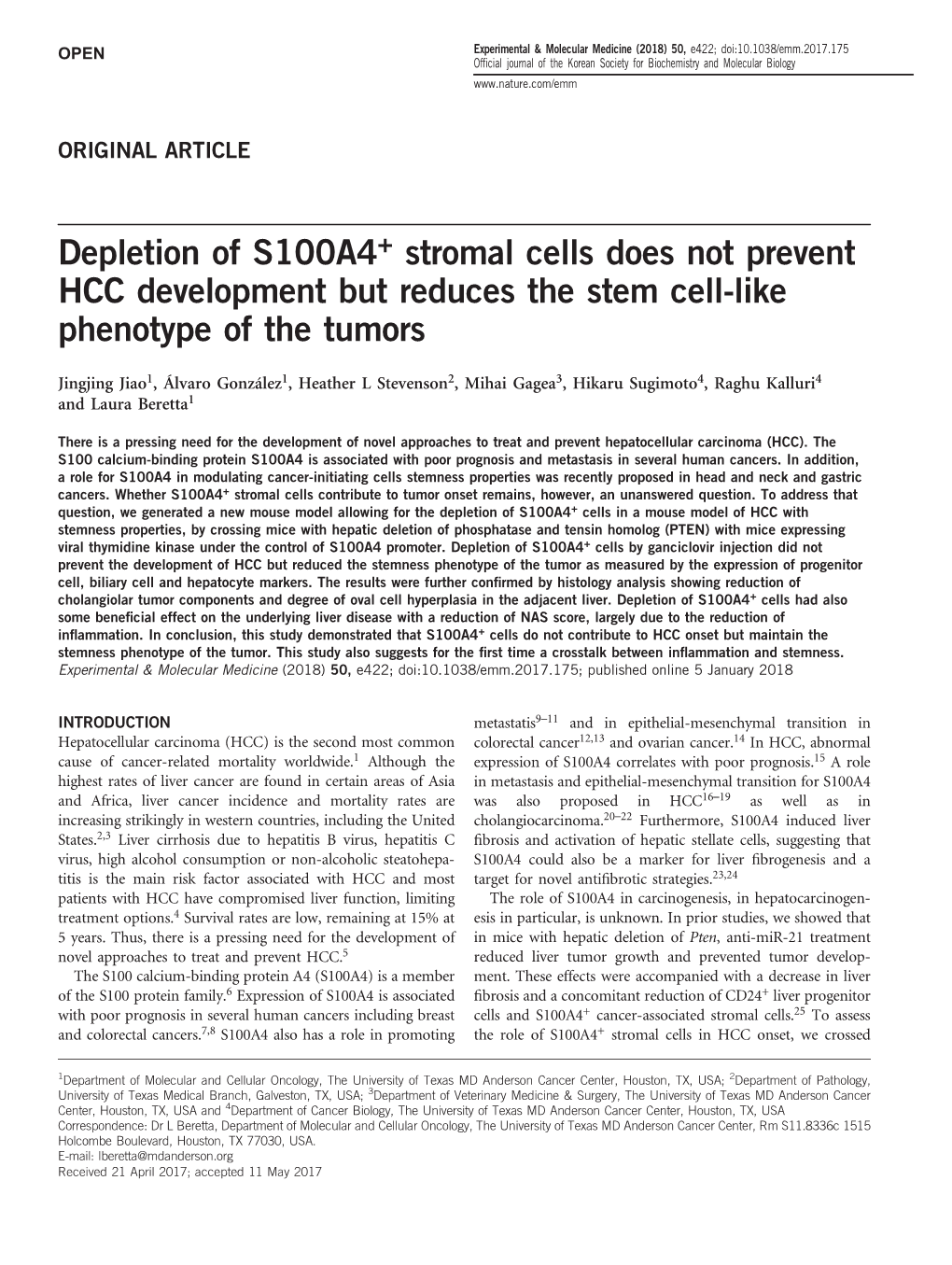 Depletion of S100A4+ Stromal Cells Does Not Prevent HCC Development but Reduces the Stem Cell-Like Phenotype of the Tumors