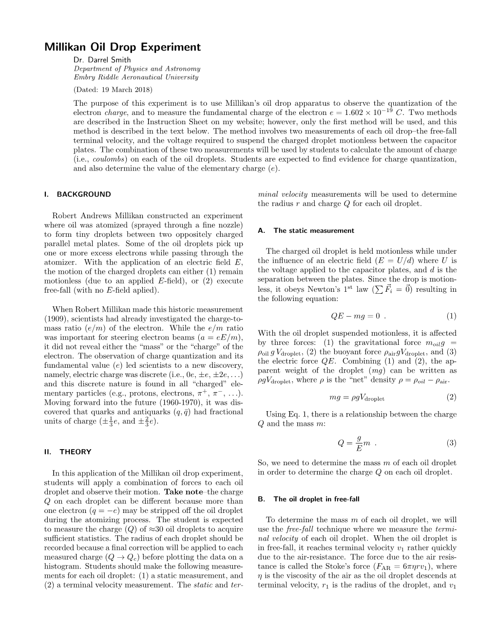 Millikan Oil Drop Experiment Dr