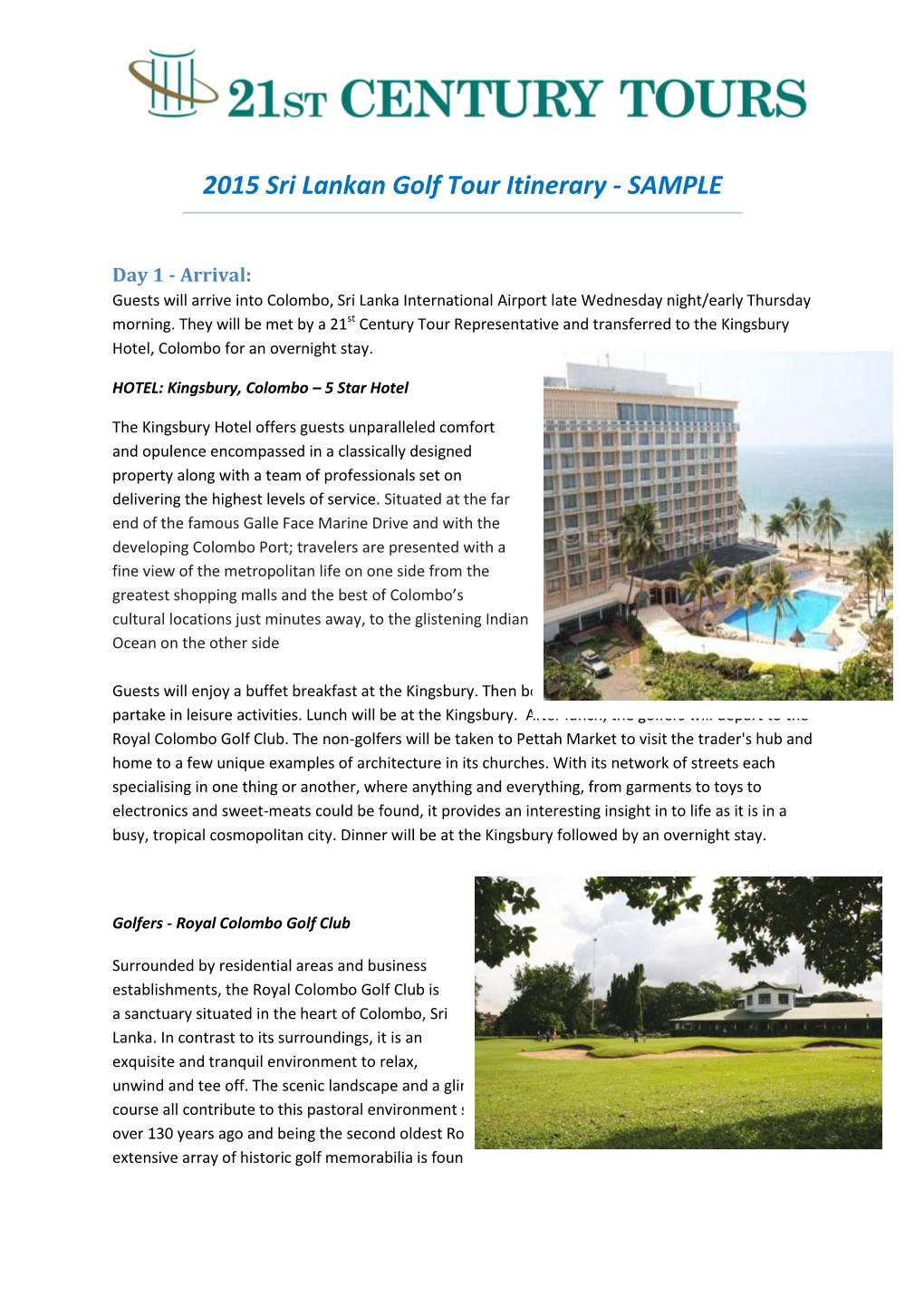 2015 Sri Lankan Golf Tour Itinerary - SAMPLE