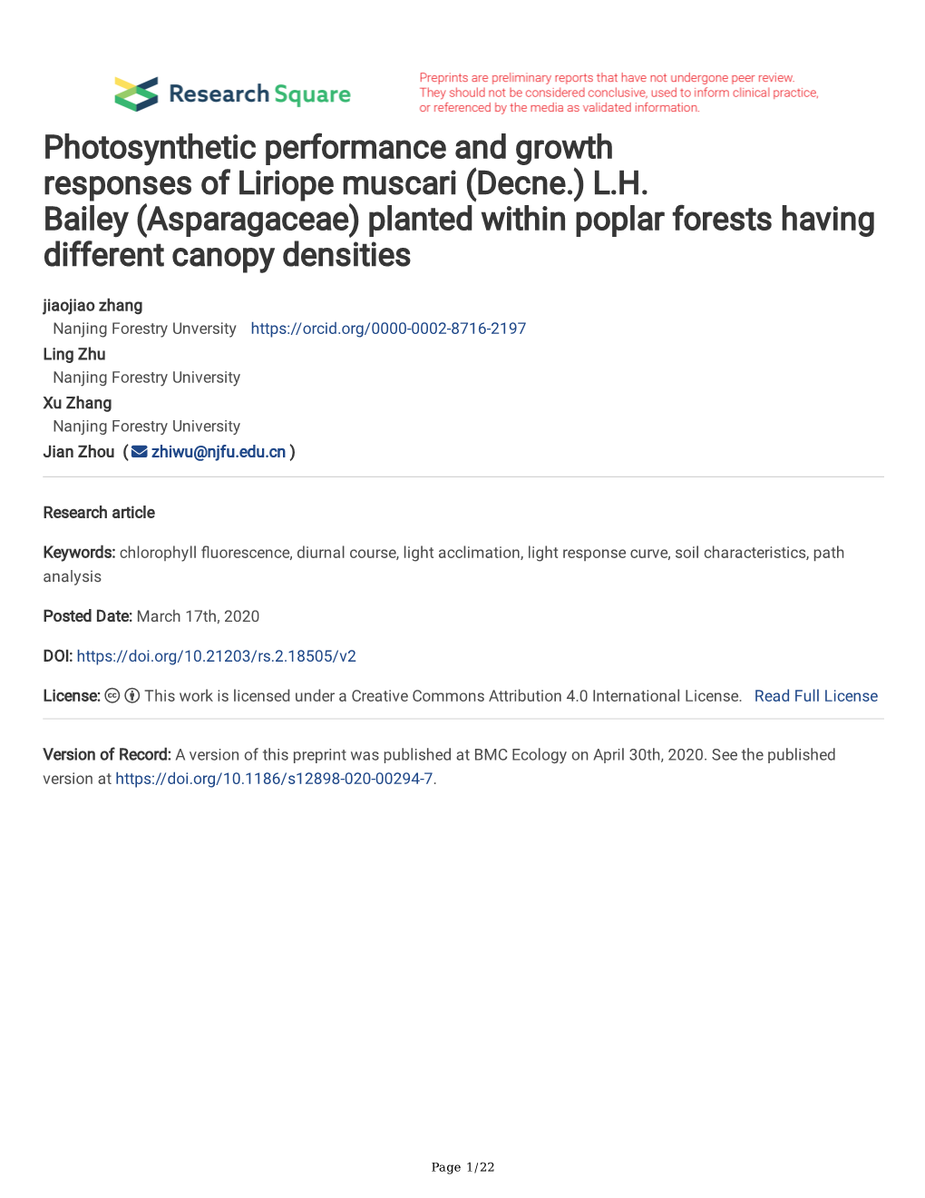 Photosynthetic Performance and Growth Responses of Liriope Muscari (Decne.) L.H