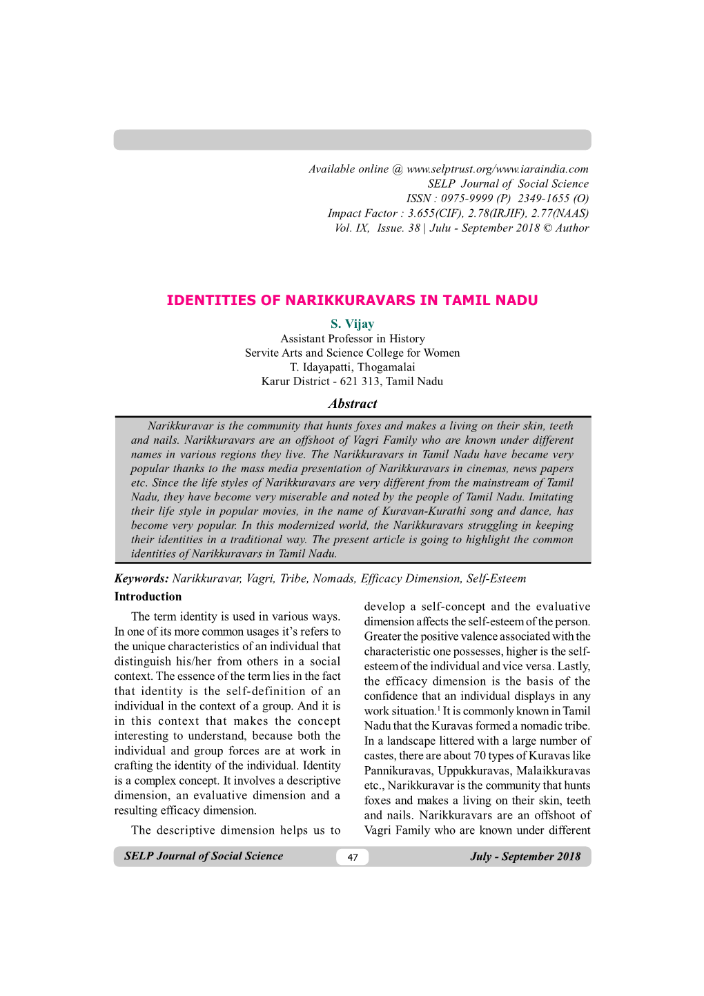IDENTITIES of NARIKKURAVARS in TAMIL NADU Abstract
