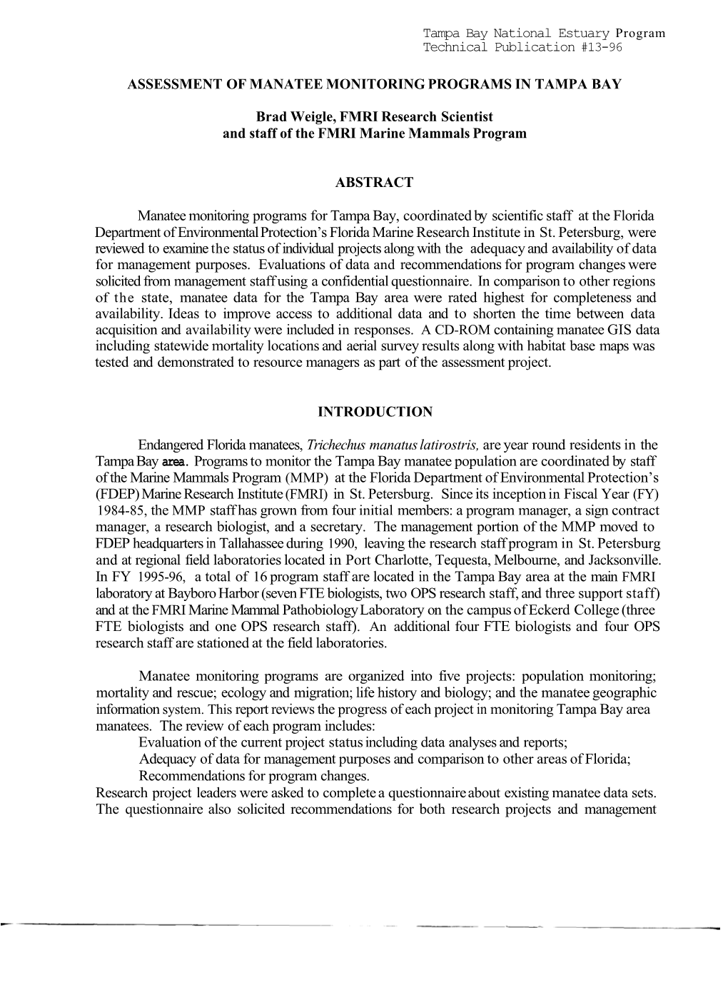 Assessment of Manatee Monitoring Programs in Tampa Bay