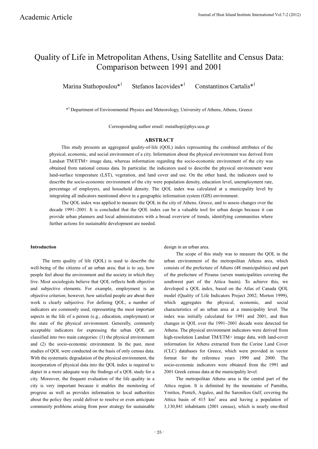 Quality of Life in Metropolitan Athens, Using Satellite and Census Data: Comparison Between 1991 and 2001