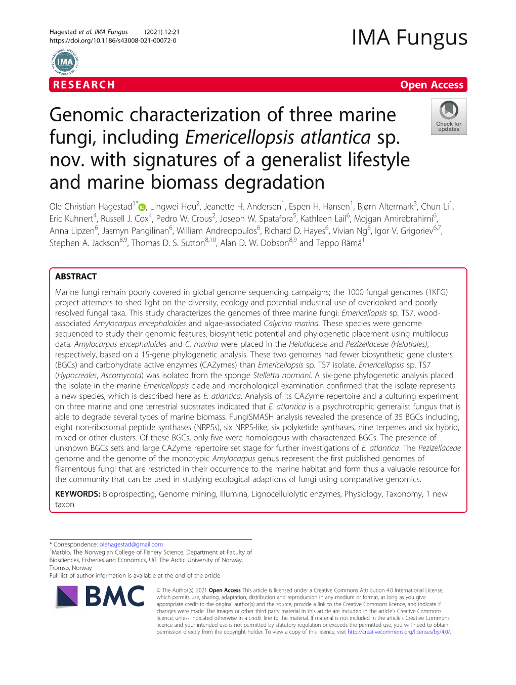 Genomic Characterization of Three Marine Fungi, Including Emericellopsis Atlantica Sp