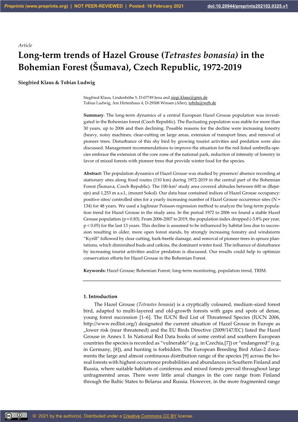 Tetrastes Bonasia) in the Bohemian Forest (Šumava), Czech Republic, 1972-2019