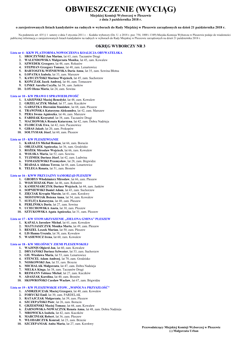 OBWIESZCZENIE (WYCIĄG) Miejskiej Komisji Wyborczej W Pleszewie Z Dnia 3 Października 2018 R