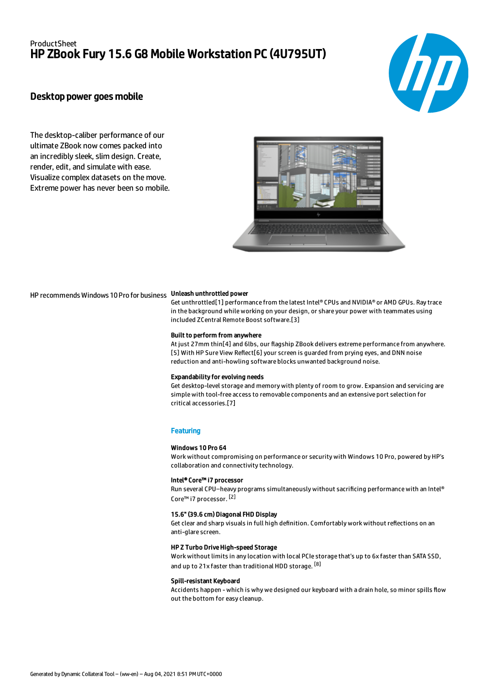 HP Zbook Fury 15.6 G8 Mobile Workstation PC (4U795UT)
