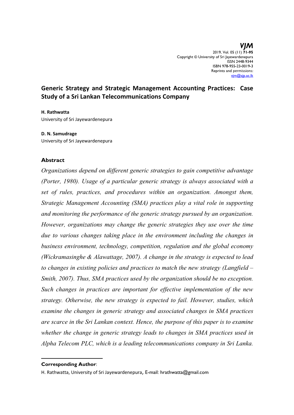 Generic Strategy and Strategic Management Accounting Practices: Case Study of a Sri Lankan Telecommunications Company