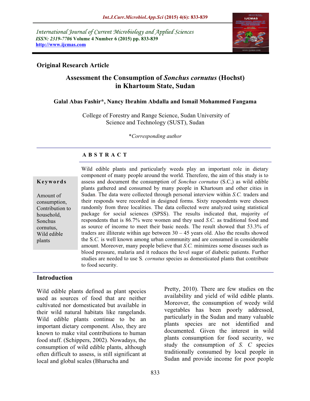 Assessment the Consumption of Sonchus Cornutus (Hochst) in Khartoum State, Sudan