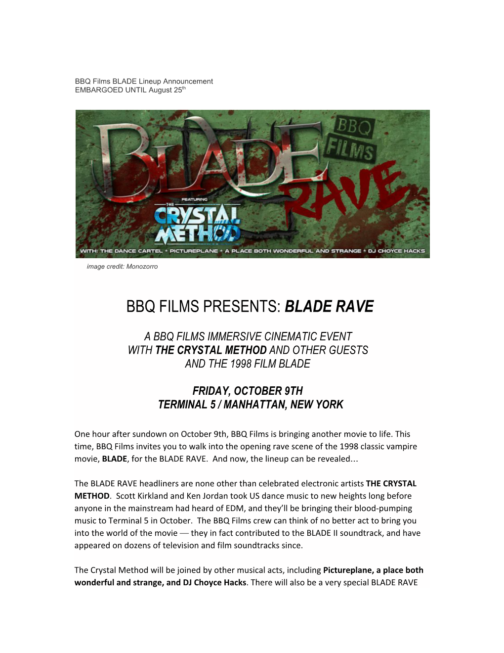 Bbq Films Presents: Blade Rave ​ a Bbq Films Immersive Cinematic Event with the Crystal Method and Other Guests ​ ​ and the 1998 Film Blade