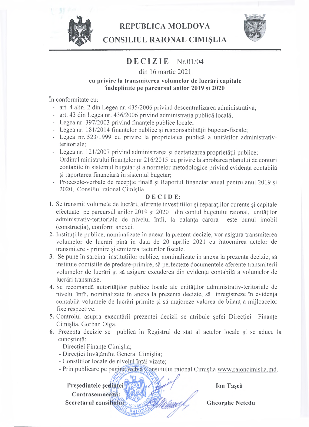 Decizia Nr. 01-04 Din 16.03.2021 Cu Privire La