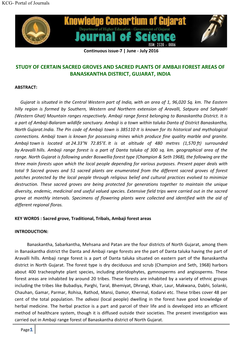 Study of Certain Sacred Groves and Sacred Plants of Ambaji Forest Areas of Banaskantha District, Gujarat, India