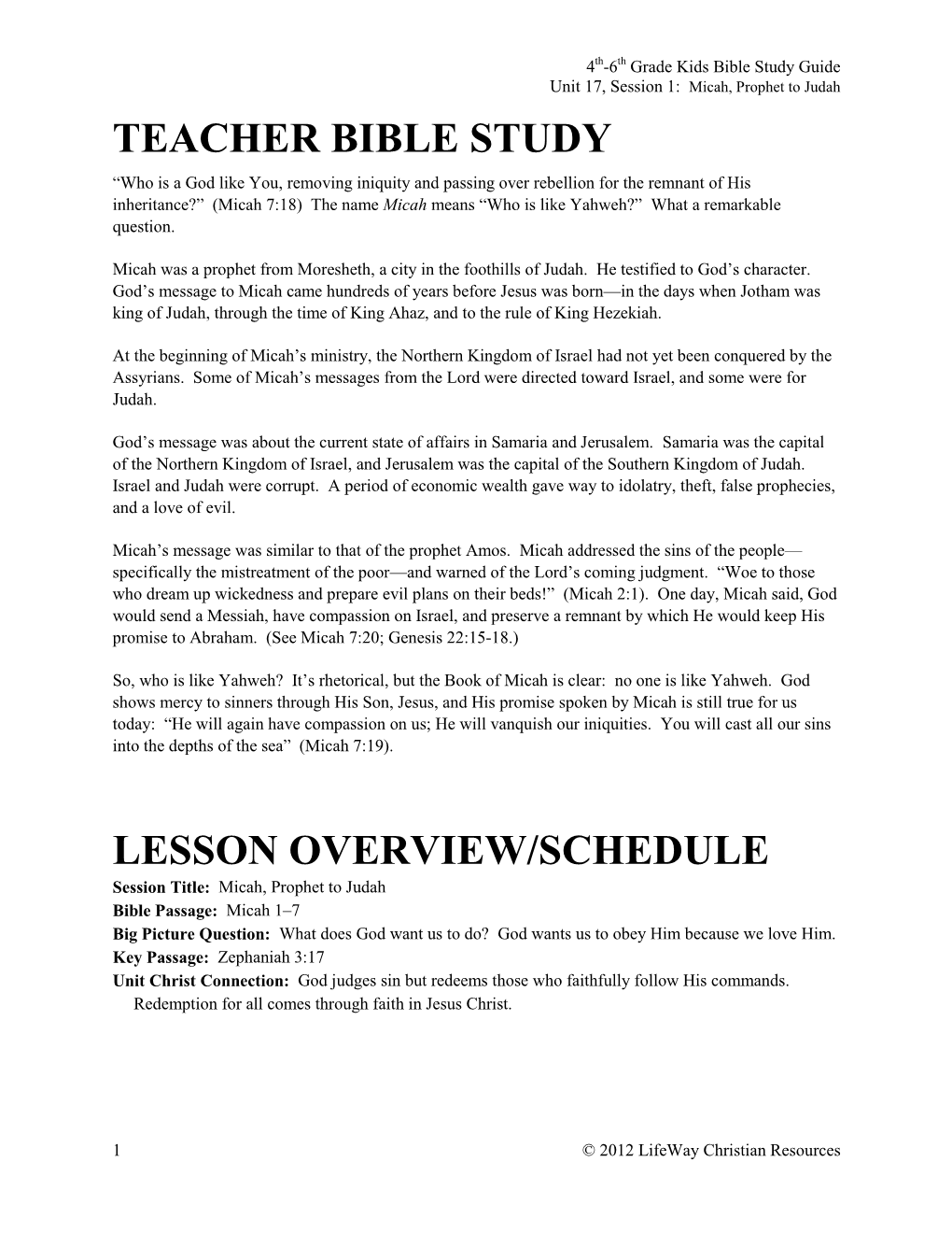 Teacher Bible Study Lesson Overview/Schedule